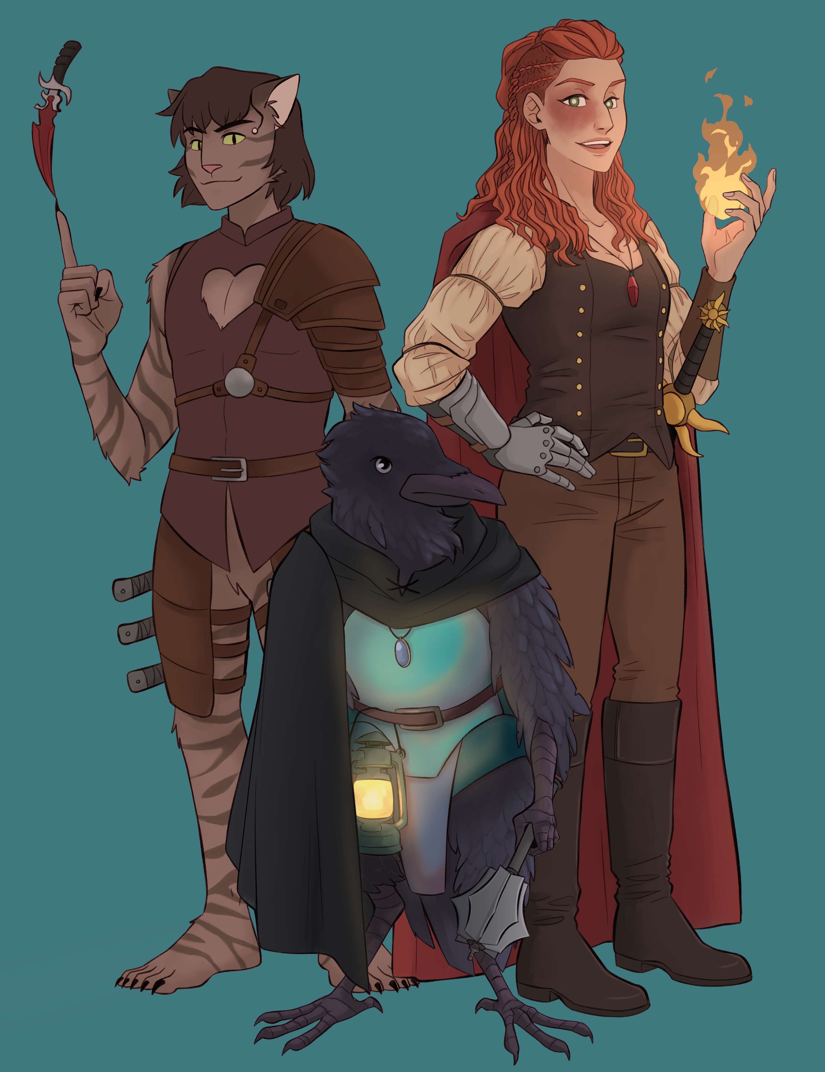 A group of three dungeons and dragons characters: a tabaxi rogue, a short crow arakokra ceric, and a tall red-headed aasimar sorcerer.