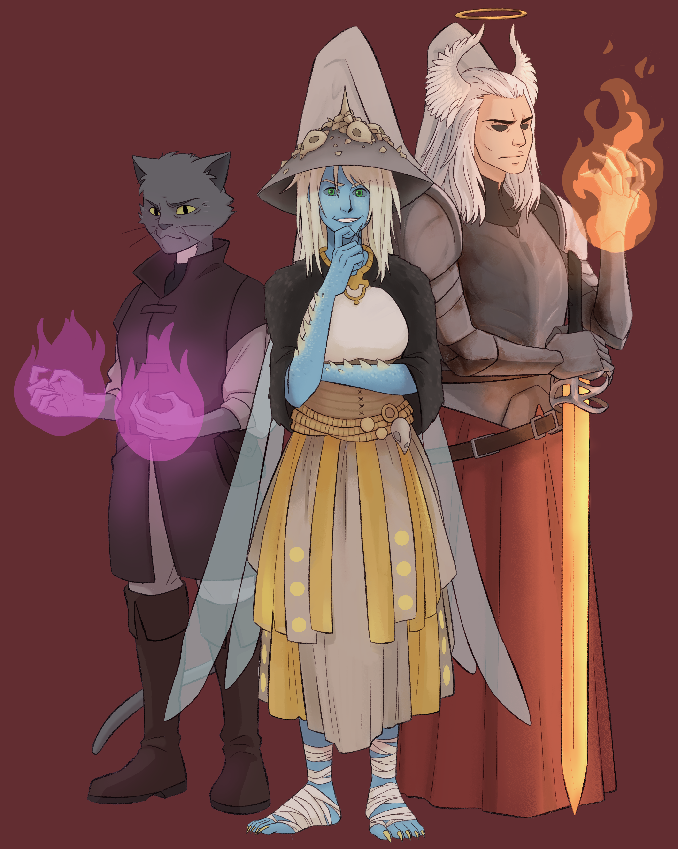 Three villains of a dungeons and dragons campaign: an older tabaxi warlock, a blue-skinned elf lich, and a tall angel in armor.